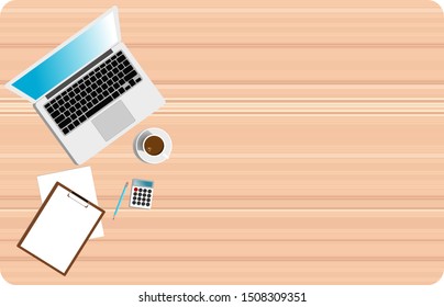 Top view of table working and working desk with gadget  accessory on wooden table, notebook,paper, coffee cup, calculator, laptop, pencil.vector-