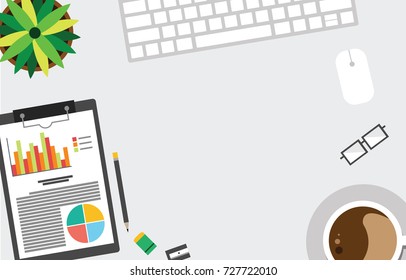 Top view of table working and working desk and free space for text with accessory on the table, laptop, notebook, keyboard, mouse, pencil, pen, coffee cup, glasses, flowerpot