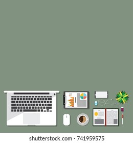 Top view of table working and working desk and free space for text with accessory on the table, laptop, notebook, phone, flash drive, pen, coffee cup, letter, flowerpot, note