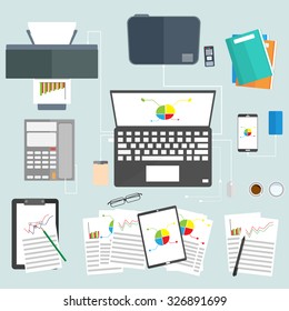 Top view of table working space home office. Workplace with computer business work flow item, gadgets, printer, telephone and projector for business meeting. Vector illustration in flat design.