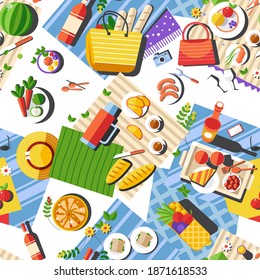 Top View Of Tablecloth With Food And Dishes For Picnic. Hats And Bags Laying On Blanket. Eating Outdoors Or Camping On Nature. Summertime Vacation Relax. Seamless Pattern, Vector In Flat Style