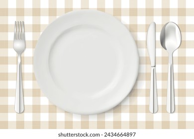 Top view of table-cloth with light brown gingham pattern, porcelain plate and stainless cutlery - vector illustration