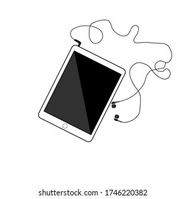 Top view tablet and earphone for connecting network , online .