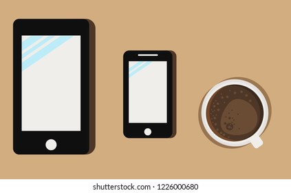 Top view: Tablet, smart phone, cup of hot coffee on wooden table. For business concept.