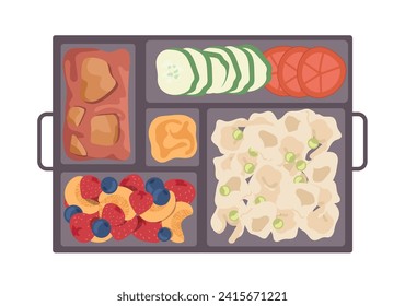 Top view of takeaway lunchbox for school, healthy breakfast with snacks prepared for child