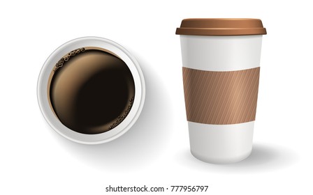 Top view of takeaway paper coffee cup. Vector composition. Realistic to go paper coffee cup with lid and protective ripple sleeve.