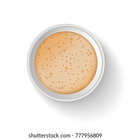 Top view of takeaway paper coffee cup. Object isolated on the white background. To go coffee cup. Realistic vector illustration. Cappuccino or latte coffee.