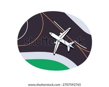 Top view of taking off aircraft on runway. Airplane is landing on airstrip in airport. Passenger plane arrived from flight. Aeroplane is on aerodrome. Flat isolated vector illustration on white