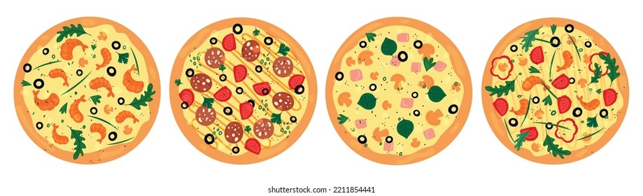 Top view tasty pizza. Traditional Italian food. Meat or vegetarian meal ingredients. Cheese and tomatoes. Baked dough with salami slices. Sauce toppings. Hot snack