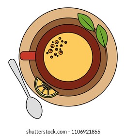 top view tea cup and lemon spoon mint on dish