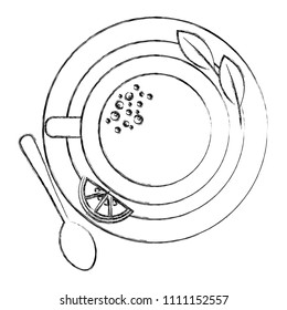 top view tea cup and lemon spoon mint on dish