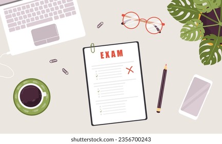 Top view teacher workplace. Answer sheet after exam. School and college education concept. Vector illustration in flat cartoon style.