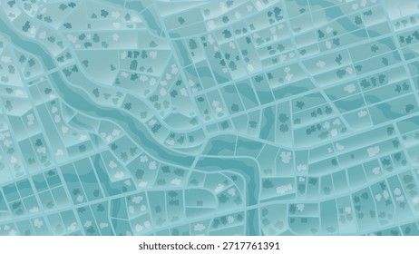Vista superior azul-petróleo padrão de mapa da cidade com rio sinuoso e blocos de construção. Detalhado plano de fundo da cartografia urbana. Ilustração vetorial.