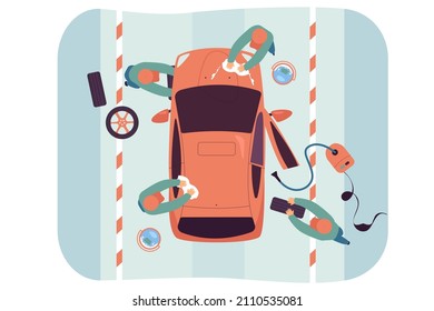 Top view of team of mechanics or engineers repairing car. Men using cleaning vehicle or automobile repair flat vector illustration. Teamwork, car service concept for banner, website design