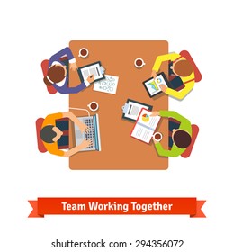 Top view of a team working together on a project in a conference room. Flat vector icon isolated on white background.