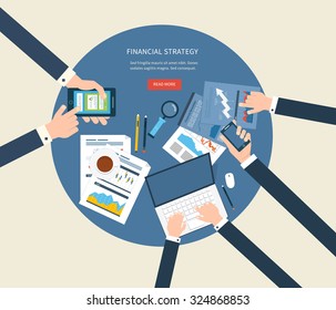 Top view of a team working together on a project with documents and laptop. Concepts for business analysis, consulting, teamwork, project management, financial report and strategy