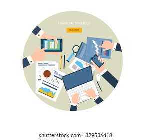 Top view of a team working together on a project with documents and laptop. Concepts for business analysis, consulting, teamwork, project management, financial report and strategy