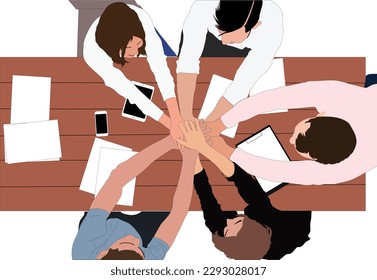 Top view of teams working together at table. Set of people planning an activity, business meeting, corporate, team building, group discussion and accomplish work goals Colored flat vector illustration