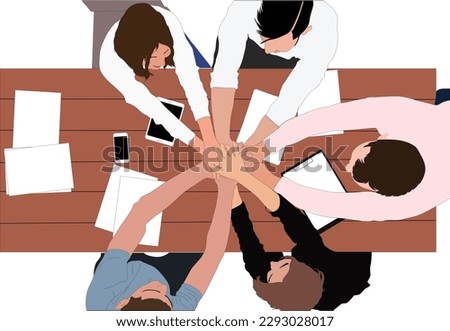 Top view of teams working together at table. Set of people planning an activity, business meeting, corporate, team building, group discussion and accomplish work goals Colored flat vector illustration