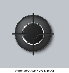 Top view template of extinct gas stove burner with metal holders for kitchen utensils, realistic vector illustration isolated on grey neutral background.