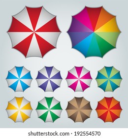 top view ten colorful umbrellas. vector.