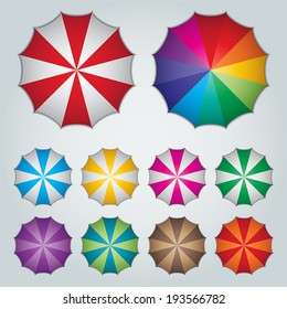 top view ten colorful umbrellas. vector.