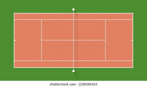 Top view tennis Clay court with grid and shadow . Grass cover field. Vector illustration. Textured realistic tennis court illustration. The exact proportions