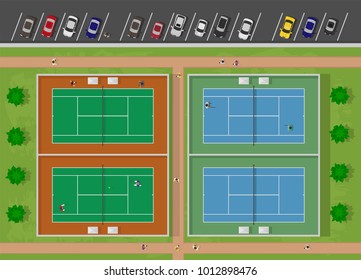 top view of tennis court with people and car parking lot. vector Illustration