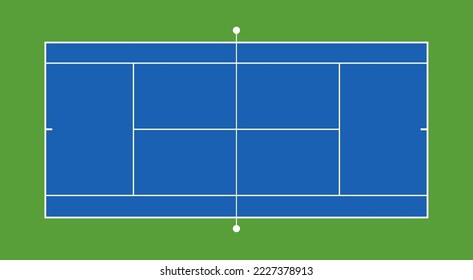 La pista de tenis de primera vista con vista sobre la rejilla y la parte superior de la sombra. Campo de cubierta dura. Ilustración vectorial. Ilustración texturizada realista de la cancha de tenis. Las proporciones exactas