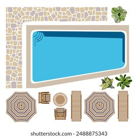 Top view of terrace patio zone with pool, Sunbeds, armchairs, table, umbrellas, stone path. Vector realistic illustrations isolated on white background.