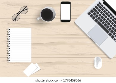Top view with textured table, laptop and telephone as well as books and mouse and coffee. In the center of the table is a folder-plate with white sheets for your text