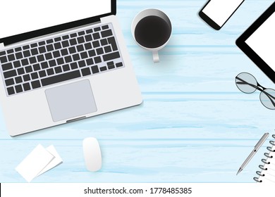 Top view with textured table, laptop and telephone as well as books and mouse and coffee. In the center of the table is a folder-plate with white sheets for your text