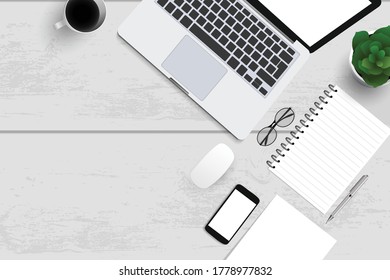 Top view with textured table, laptop and telephone as well as books and mouse and coffee. In the center of the table is a folder-plate with white sheets for your text