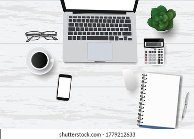 Top view with textured table, laptop and telephone as well as books and mouse and coffee. In the center of the table is a folder-plate with white sheets for your text