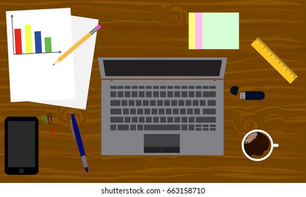 Top view with textured table, laptop, smartphone, documents, office tools and coffee cup. Work desk for office with stationery elements on the table. Flat style