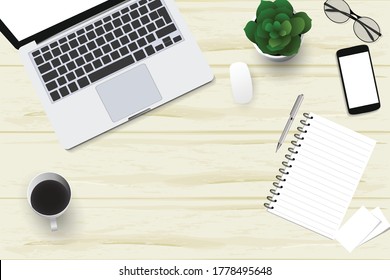 
Top view with textured tables, laptops and telephones, as well as books, mice, pens, small greenery and coffee. In the center of the table is a folder-plate with white sheets for your text