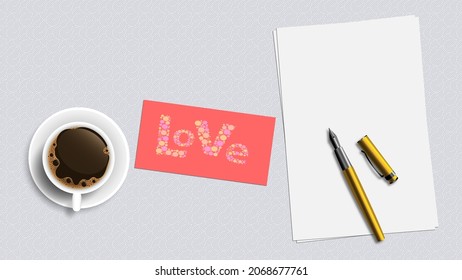 Vista superior de un escritorio de textura con un sobre, una pluma clásica, papeles y una taza de café.