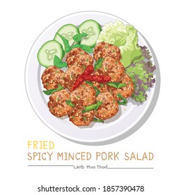 Draufsicht auf thailändische Küche, gebratener scharfer Schweinesalat auf weißem Hintergrund. (Larb Moo Thod)