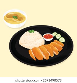 Vista superior frango frito tailandês com arroz, pepino, molho de pimenta, e sopa clara no prato preto. Ilustração tradicional do vetor da cozinha asiática.