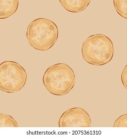 Top view of thin pancakes isolated on beige background. Vector seamless pattern.