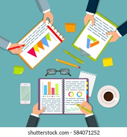 Top view of three businessmen working around business planning table, hands holding notebooks and clipboards with business plan data, charts and graphs. Flat style EPS10 vector illustration.