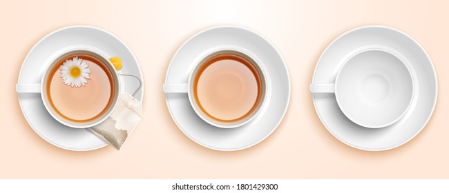 Top view of three chamomile tea cups set in 3d illustration