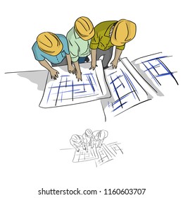 top view three construction engineer looking at blueprint in construction site vector illustration sketch doodle hand drawn with black lines isolated on white background