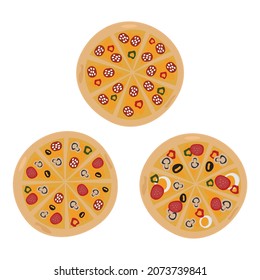 Top view of three different delicious italian pizzas