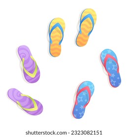 Top view of a three fashion flip flop, sandal, shoes isolated on white background. Vector illustration for card, party, design, flyer, banner, web, advertising, promotion.
