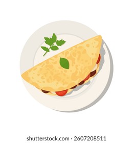 Top view of a toasted quesadilla or shawarma with a tortilla on a plate, isolated on a white background. Healthy food for lunch or snack with flatbread on a kitchen table at a pub,  bar or restaurant