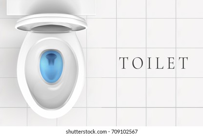 Top view of toilet bowl and bathroom floor with white tile in 3d illustration