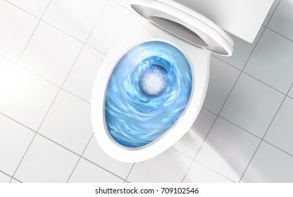 Top view of toilet bowl, blue detergent flushing in it, 3d illustration