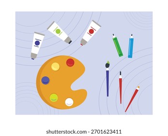 Vista superior com ferramentas e paleta de cores para pintura e hobbies, aula de objetos. Design de caracteres. Ilustração em plano vetorial