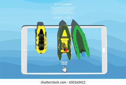 Top view tourist boats floating on the screen of the tablet